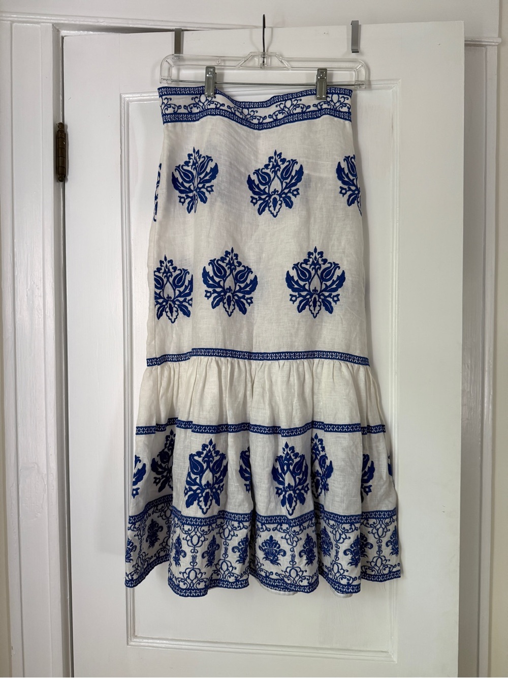 Zara, 100% Linen, White Maxi Skirt with Blue Embroidered Print, Size S - Picture 2 of 5
